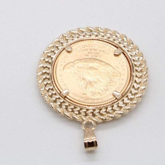 New 14k Gold Double Row Diamond Cut Bezel With 1/4oz American Eagle Coin - Picture 3 of 15